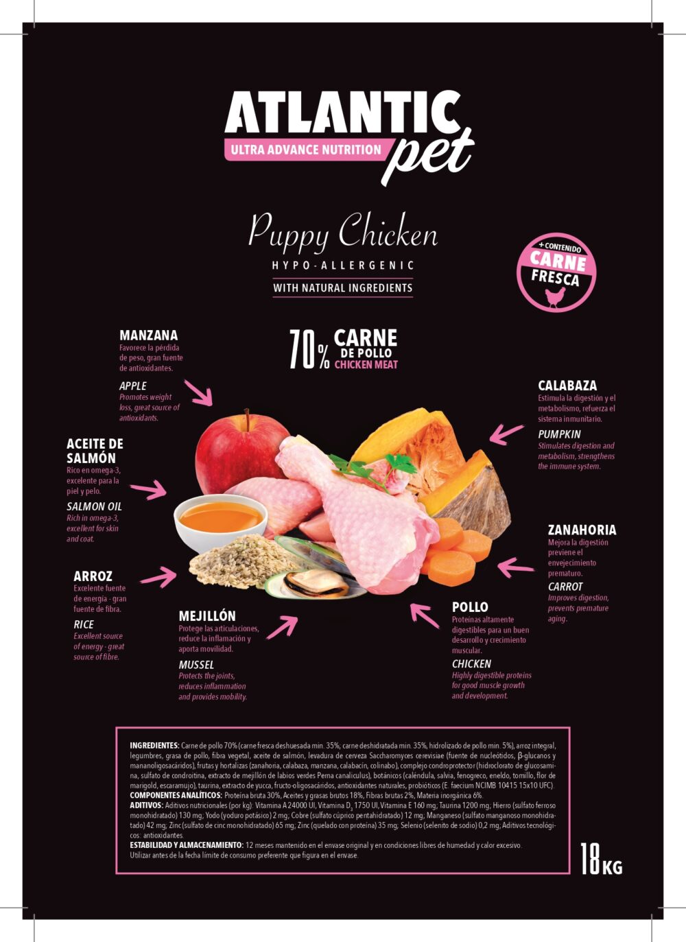 ATLANTICPET RECETA POLLO Y ARROZ CACHORRO 70% CARNE 18 KG