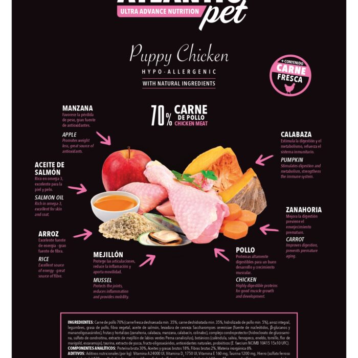 ATLANTICPET RECETA POLLO Y ARROZ CACHORRO 70% CARNE 18 KG
